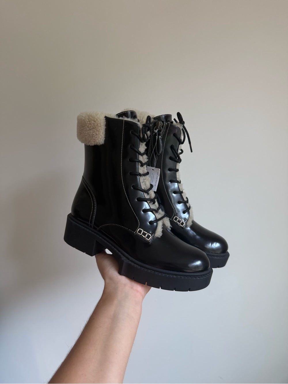 Coach Black Lace-Up Shearling-Trim Combat Boots